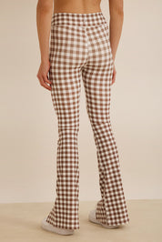 קולקציה בעיצובה של אדל בספלוב - טייץ מתרחב עם שסע/ פתח בסיומת - הדפס משבצות חום - לבן.