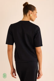 חולצה  מבד סקובה בגוון שחור,  צווארון עגול וסגור, אורך השרוול עד לתחילת המרפק- תמונה אחורית