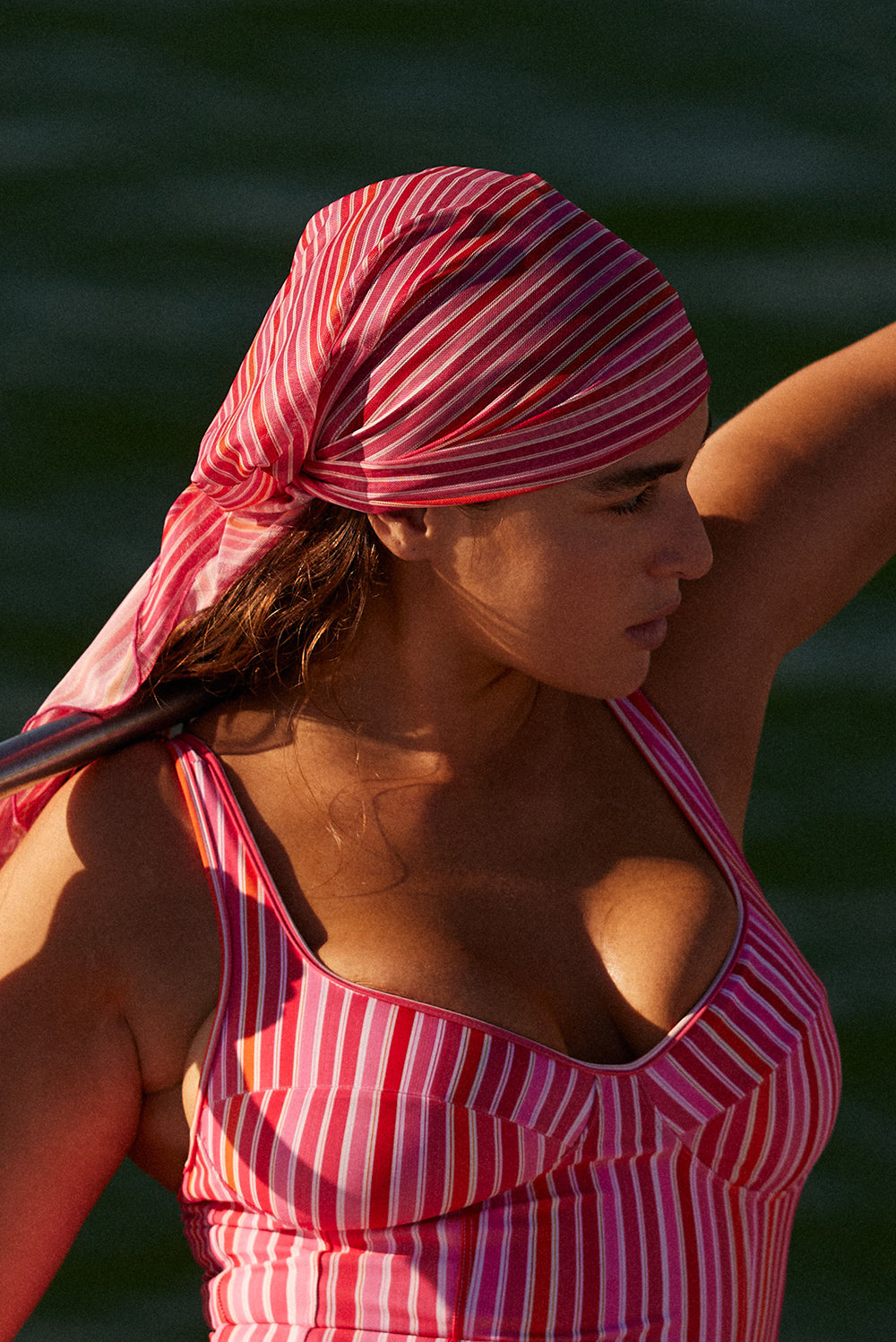 SWIM CLUB BY SAPIR AVISROR'S TOUCHבנדנה מבד שקפקף.בהדפס פסים ורוד . 