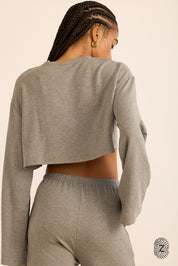 חולצת קרופ, שרוולים מתרחבים ארוכים, צווארון עגול, בגוון אפור מלאנג